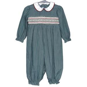 Silly Goose Baby Hand Smocked Green Gingham Christmas Romper Size 18M